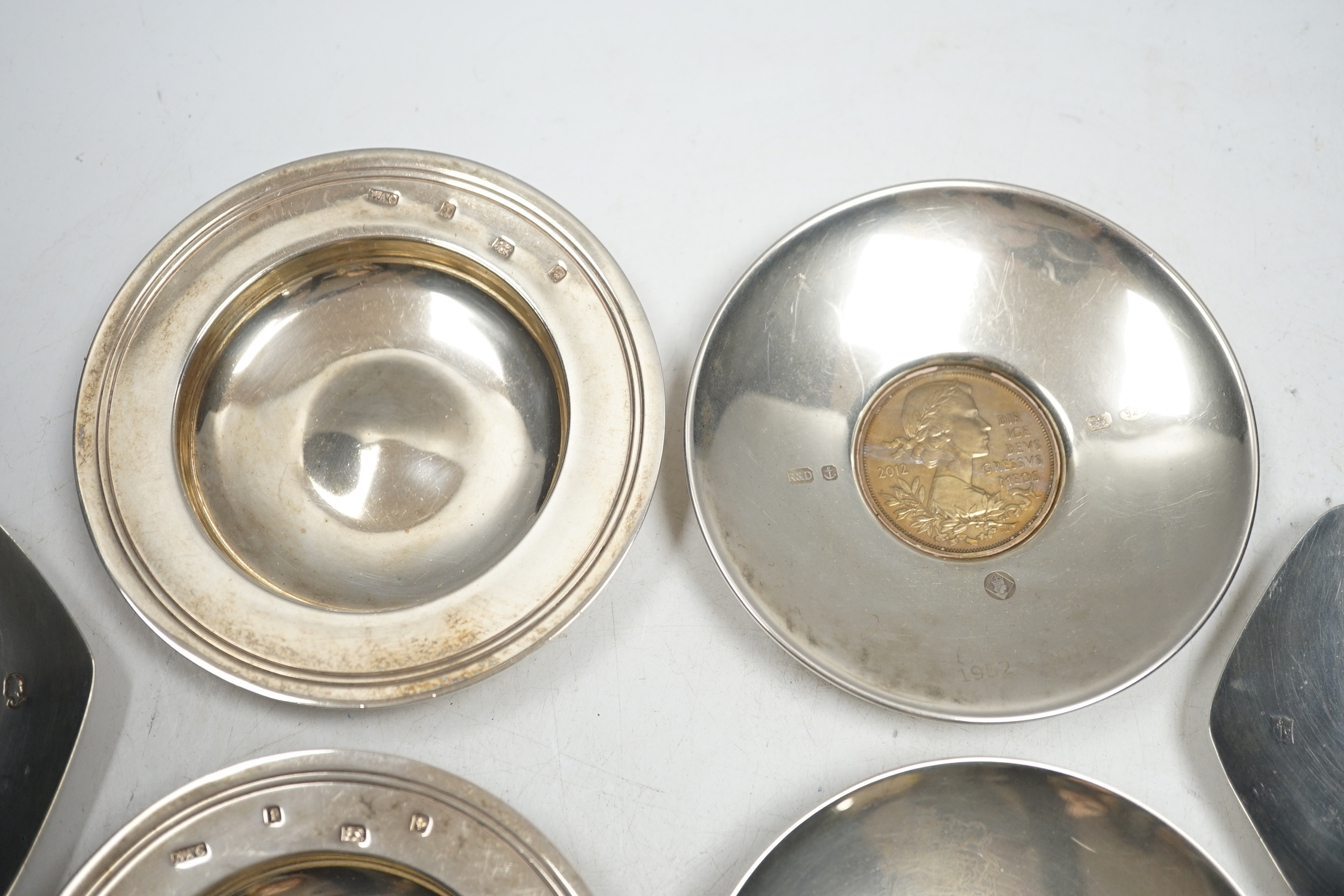 Three pairs of modern silver nut dishes, including armada dishes and commemorative, largest diameter 10.8cm, 18.7oz.